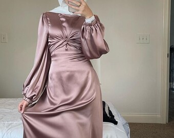 Satin Eid Dress Long frock Maxi modest dress for women| Hijab Fashion style modest Satin Abaya Muslim Wedding dress Islamic Fashion 2022