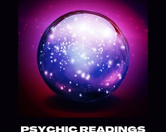 May include: A purple and blue crystal ball with white sparkles inside, against a pink background. The text "PSYCHIC READINGS" and "LIVE TAROT AND PSYCHIC READING" is below the ball.