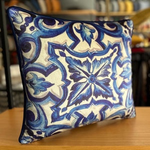 Blue Moroccan Tile Pillow Cover, Spanish Tile Pillowcase, Mediterranean style Home Decor, Handmade Boho Pillow Cover, Berber Ethnic Gift