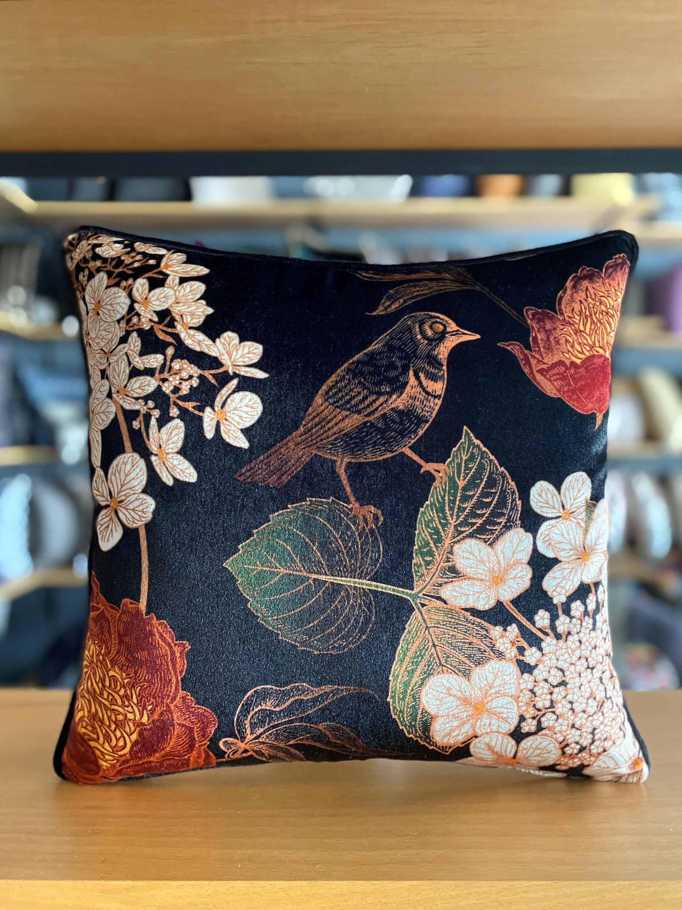 Floral Bird Black Velvet Throw Pillow Cover With Piping Edges Boho Pillowcase Berber Cushion French Country Home Decor Multi Sizes Etsy