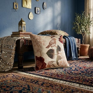 May include: A square throw cushion featuring a cream-coloured fabric with a printed design of a brown bird perched on a branch, surrounded by large dark red and light pink floral blossoms and green leaves, finished with a simple piped edge.
