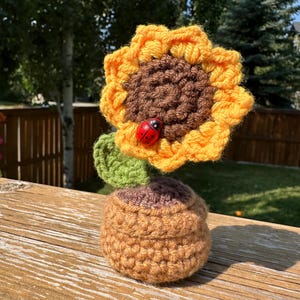 May include: A crocheted sunflower with a brown centre and yellow petals. A small red ladybug is perched on the centre of the flower. The sunflower is in a brown crocheted pot.