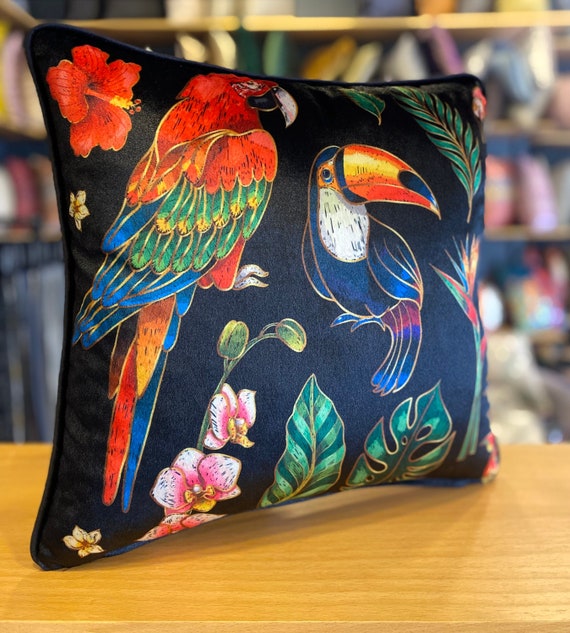Tropical Parrot Bird Black Velvet Throw Pillow Cover Cushion With Piping Edges Cottage Chic Pillow Boho Handmade Home Decor Multi Sizes Etsy