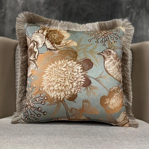 Stylish Floral Bird Velvet Throw Pillow Cushion Cover with Fringe edges, Cottage Chic Pillow, French Country Home Decor , Multi Sizes