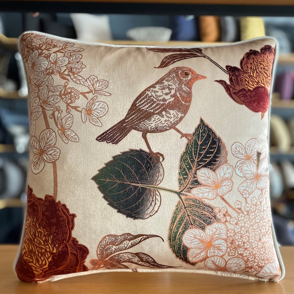 Stylish Floral Bird Beige Velvet Throw Pillow Cushion Cover with Piping edges, Cottage Chic Pillow, French Country Home Decor , Multi Sizes