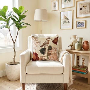 Floral Bird Beige Velvet Throw Pillow Cover with Piping edges, Boho Pillowcase, Berber Cushion, French Country Home Decor , Multiple Sizes