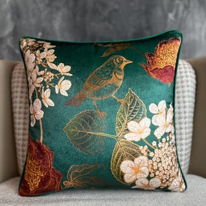 Floral Bird Green Velvet Throw Pillow Cover with Piping edges, Boho Pillowcase, Berber Cushion, French Country Home Decor , Multi Sizes