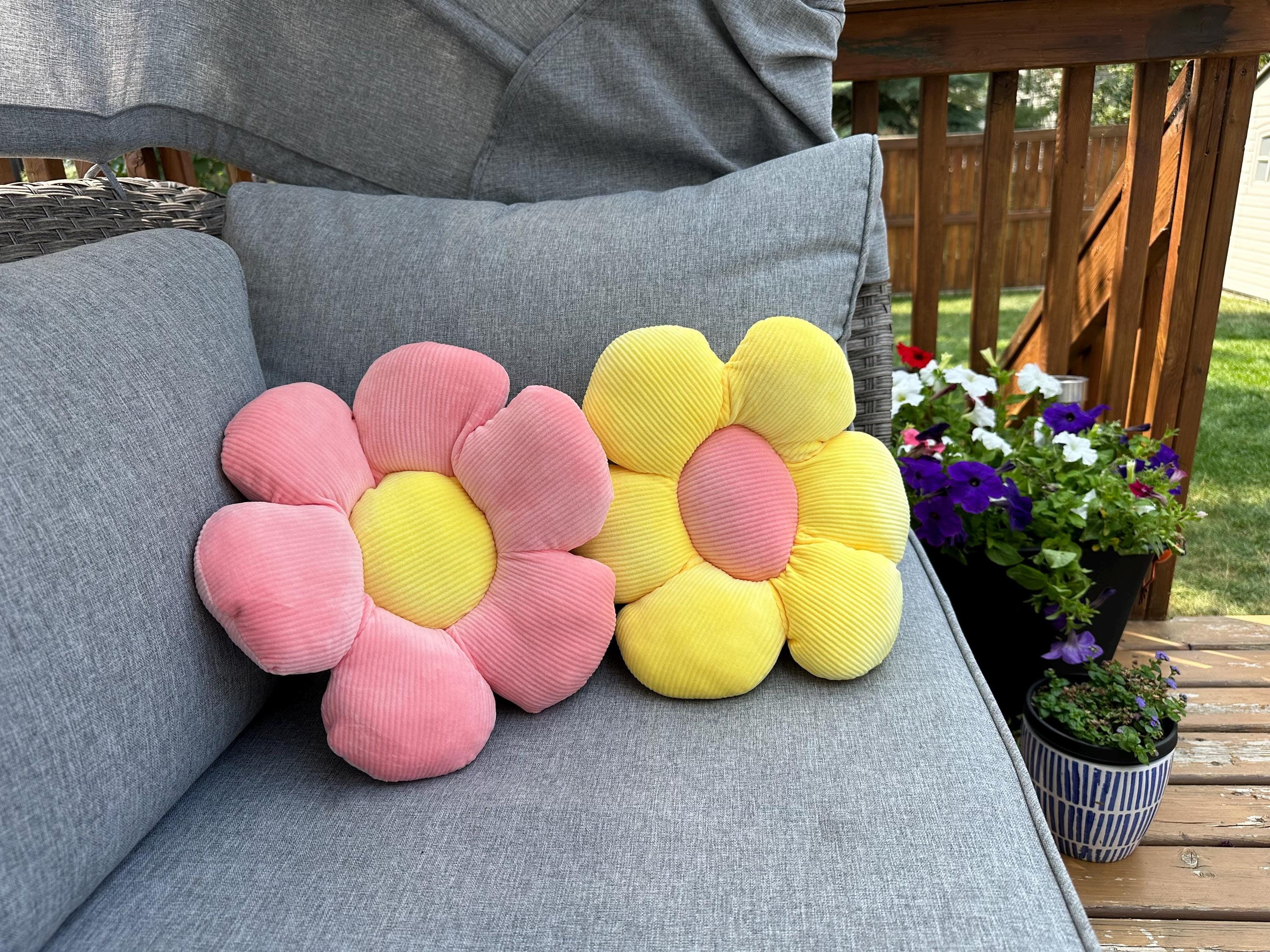 SET 2 Bunte Plüsch Kissen, 35 CM Blumenform Gefüllte Kissen Set, Rosa Gelb Handgemachtes Geschenk für Mädchen Baby, Wohnkultur Housewarming
