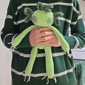 May include: A light green crocheted axolotl plush toy with large eyes and frilly gills. The plush has long, slender limbs and a rounded head. The axolotl is held against a green and white striped sweater.