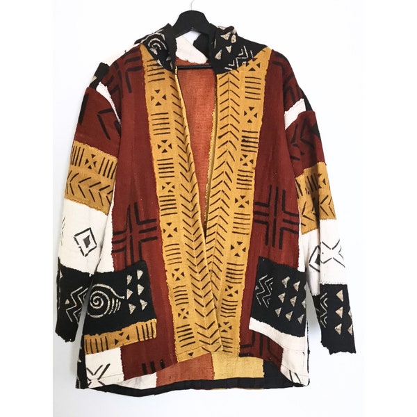 Mid-length multicolored bogolan hooded jacket / vest / Unisex