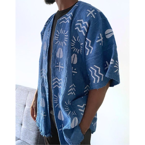 Blue Bogolan Kimono Jacket - Unisex