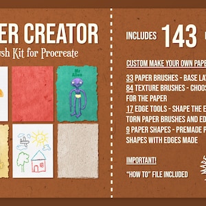 May include: A digital illustration of a brush kit for Procreate called "Paper Creator" with 143 brushes. The kit includes 33 paper brushes, 84 texture brushes, 17 edge tools, and 9 paper shapes. The image shows examples of the brushes used to create different paper textures and torn edges.
