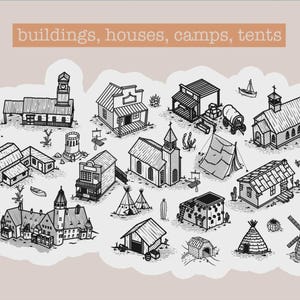 Może przedstawiać: Czarno-biała ilustracja r&oacute;żnych budynk&oacute;w, dom&oacute;w, oboz&oacute;w i namiot&oacute;w. Obraz przedstawia r&oacute;żne style architektoniczne, takie jak kościoły, domki i tipi. Tekst "buildings, houses, camps, tents" znajduje się na g&oacute;rze.