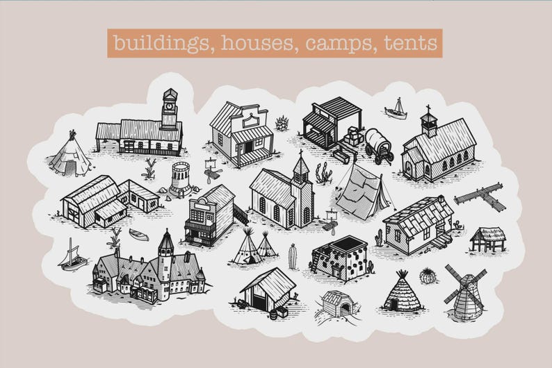 Może przedstawiać: Czarno-biała ilustracja r&oacute;żnych budynk&oacute;w, dom&oacute;w, oboz&oacute;w i namiot&oacute;w. Obraz przedstawia r&oacute;żne style architektoniczne, takie jak kościoły, domki i tipi. Tekst "buildings, houses, camps, tents" znajduje się na g&oacute;rze.