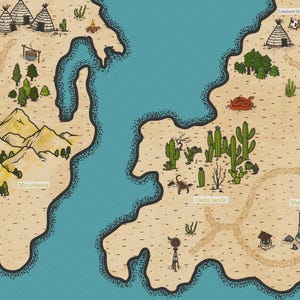 Może przedstawiać: Szczeg&oacute;łowa, ręcznie rysowana mapa o tematyce pustynnej. Zawiera g&oacute;ry, kaktusy, tipi i wieżę ciśnień. Mapa jest kolorowa w odcieniach beżu, zieleni i błękitu, z etykietami takimi jak "Mountains" i "Cacti lands".