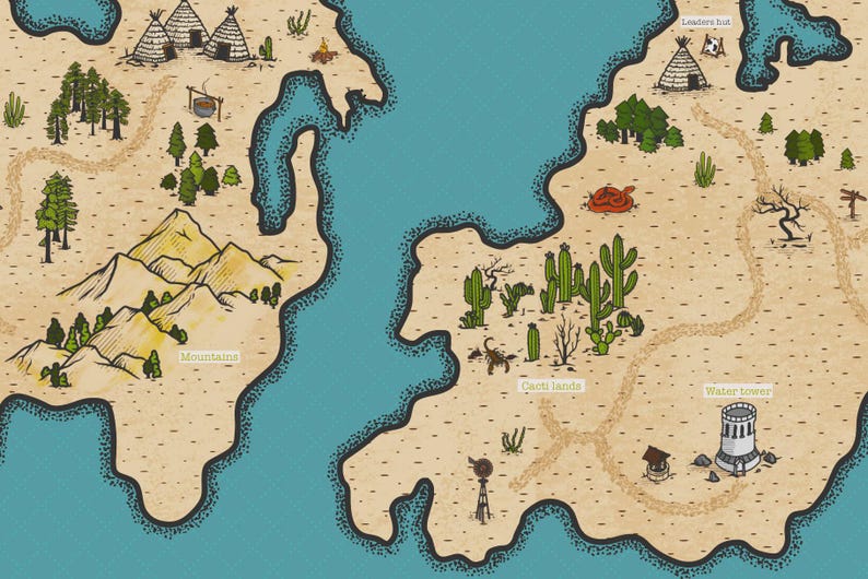 Może przedstawiać: Szczeg&oacute;łowa, ręcznie rysowana mapa o tematyce pustynnej. Zawiera g&oacute;ry, kaktusy, tipi i wieżę ciśnień. Mapa jest kolorowa w odcieniach beżu, zieleni i błękitu, z etykietami takimi jak "Mountains" i "Cacti lands".