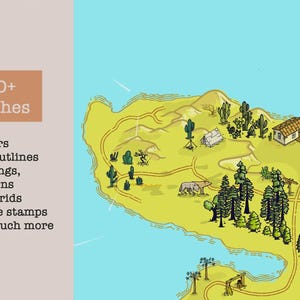 Może przedstawiać: Ilustrowana mapa z jasnozielonym lądem, niebieską wodą i jasnoniebieskim niebem. Mapa zawiera budynki, drzewa i drogi. Tekst w brązowym polu brzmi "300+ Brushes" i wymienia elementy mapy.