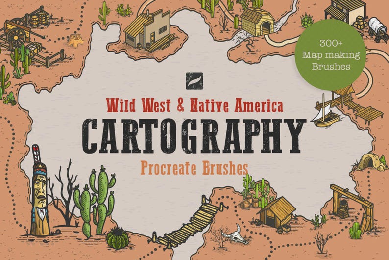 Może przedstawiać: Ilustrowana mapa z motywem Dzikiego Zachodu i rdzennych Amerykan&oacute;w. Obraz zawiera tekst "Wild West & Native America Cartography Procreate Brushes" oraz zielone koło z napisem "300+ Map making Brushes".