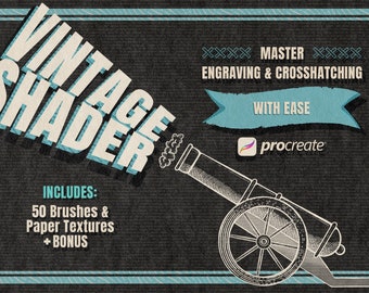 Puede incluir: Conjunto de pinceles Vintage Shader Procreate con 50 pinceles y texturas de papel. La imagen muestra un cañón con humo saliendo del cañón, y el texto "Vintage Shader" en una fuente de estilo retro.