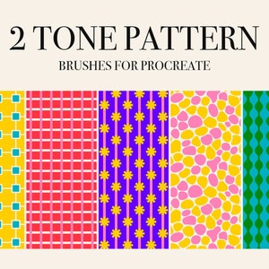 May include: Five different two-tone patterns for Procreate. The patterns include a yellow and blue square pattern, a red and pink checkered pattern, a purple and yellow flower pattern, a pink and yellow speckled pattern, and a green and blue wavy pattern.