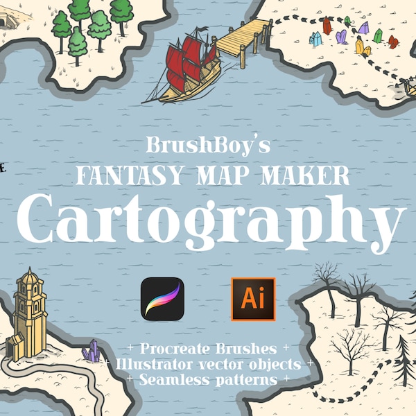 Procreate Kartographie - 230+ Fantasy World Map Maker Pinsel - Illustrator Vektordateien - Erstellen Sie ganz einfach Fantasy Maps - Vintage Nautische Karte