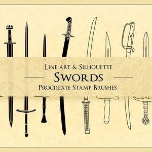 Puede incluir: Un conjunto de 12 ilustraciones de espadas en blanco y negro, en línea y en silueta, para pinceles de sello Procreate. Las espadas están dispuestas en dos filas, con el texto "Line Art & Silhouette Swords Procreate Stamp Brushes" en el medio.