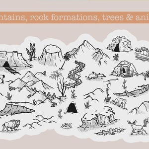 Może przedstawiać: Czarno-biała ilustracja pustynnego krajobrazu z g&oacute;rami, formacjami skalnymi, drzewami i zwierzętami. U g&oacute;ry widoczny jest tekst "mountains, rock formations, trees & animals".