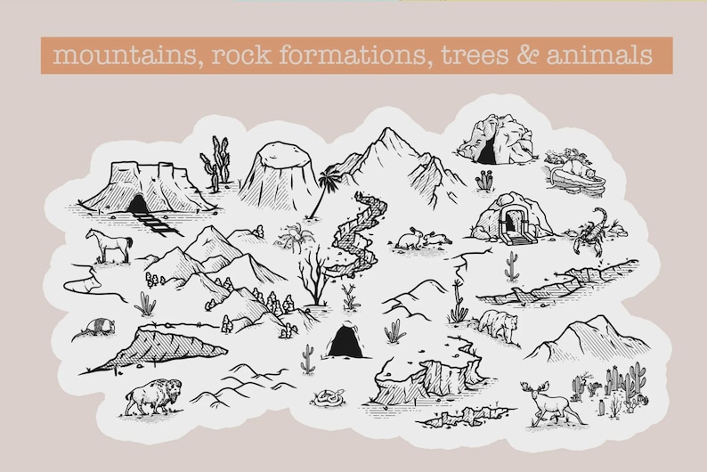 Może przedstawiać: Czarno-biała ilustracja pustynnego krajobrazu z g&oacute;rami, formacjami skalnymi, drzewami i zwierzętami. U g&oacute;ry widoczny jest tekst "mountains, rock formations, trees & animals".