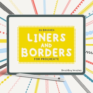 May include: A digital tablet displaying a set of 35 Procreate brushes for creating lines and borders. The brushes are displayed on the screen, and the text "35 Brushes Liners and Borders for Procreate" is visible on the screen. The tablet is on a white surface with a stylus next to it.