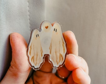 Ghosts in love, illustrated acrylic pin, non binary Halloween accessory
