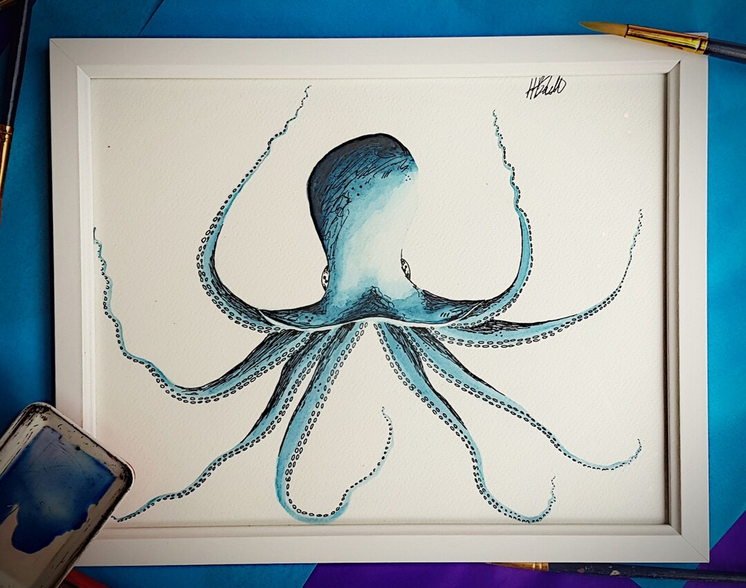 Watercolour and Ink Octopus Painting Framed Pen and Paint Etsy