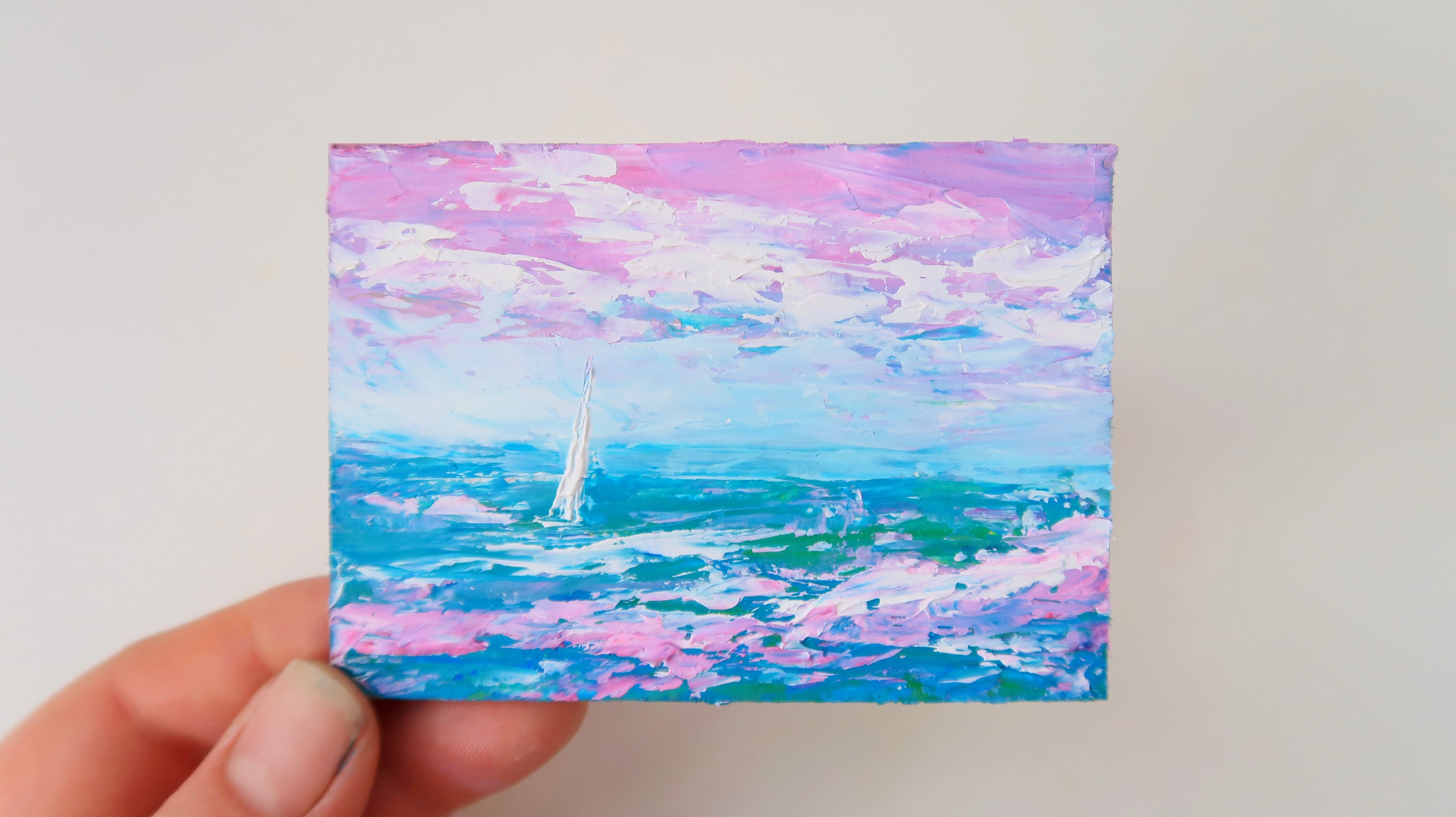 Laguna Beach Painting Sailboat ACEO Impasto Seascape Original Art California Small Painting Aceo Card by 2.5 by 3.5 in by Sofi Happy Art