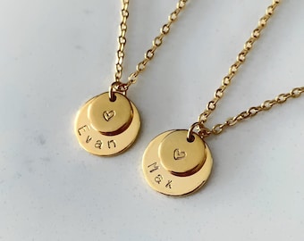 TWO Personalized Layered Charm Necklaces Initial Name Disc | Custom Handstamped | Gifts for Her Him Matching Couples | Birthday Silver Gold