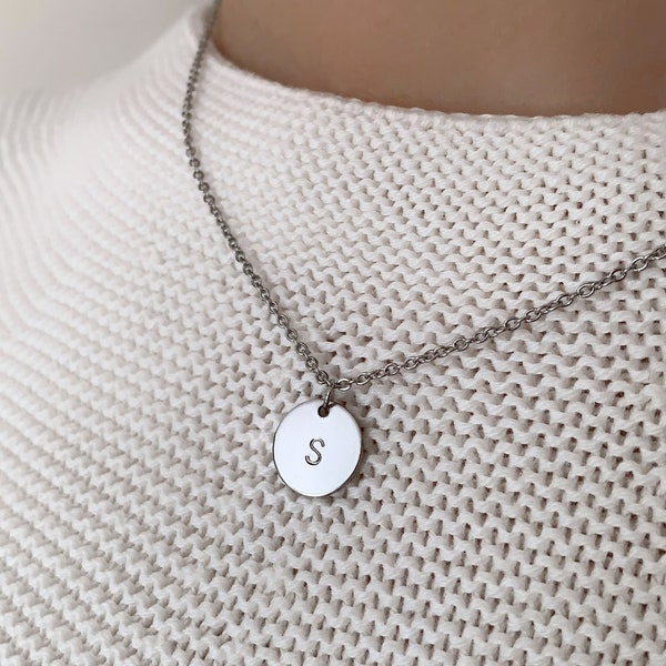 Personalized Gold Silver Large Initial Charm Disc Necklace | Custom Handstamped Letter | Engraved Gifts for Her Him Birthday Men Necklace