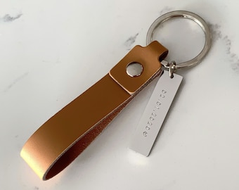 Personalized Leather Strap Keychain | Custom Engraved Name Date Drive Safe | Handstamped Leather Keychain | Gifts for Her Him Men&#39;s Keychain