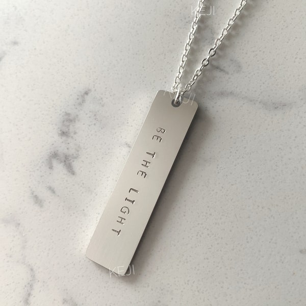 Personalized Rose Gold Silver Vertical Name Date Bar Necklace | Customized Handstamped Pendant | Gifts for Him Her | Birthday Mens Boyfriend