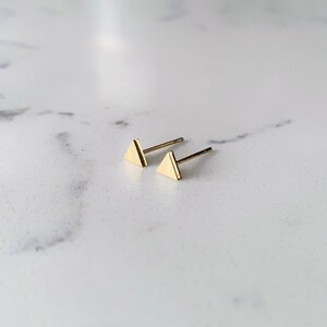 May include: A pair of gold triangle stud earrings. The earrings are small and simple, making them a versatile accessory for any occasion.