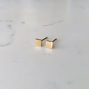 May include: A pair of gold square stud earrings. The earrings are small and simple, making them a versatile accessory for any occasion.