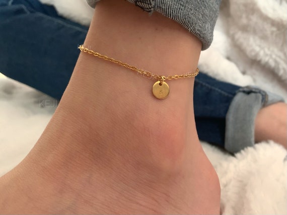 Personalized Rose Gold Silver Circle Initial Charm Anklet Custom - Main Image