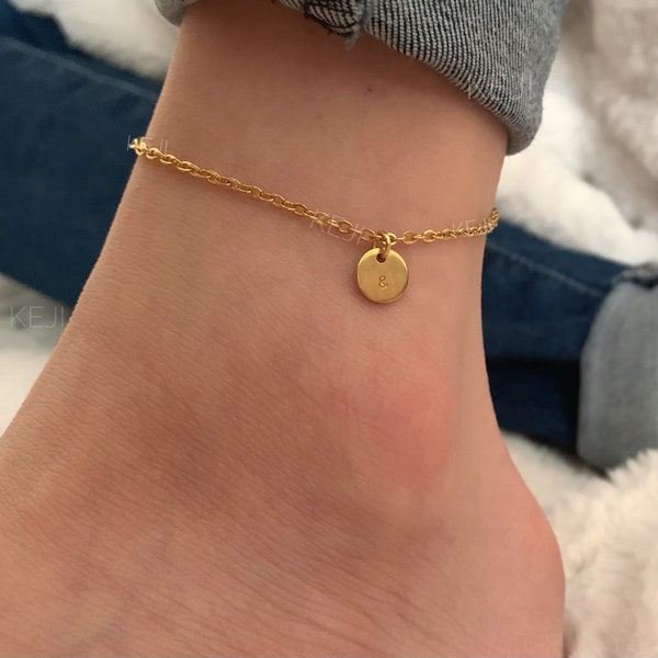 Personalisierte Rose Gold Silber Kreis Initial Charm Fußkettchen | Handgestempelter Buchstabe Schmuck | Geschenke für Sie | Geburtstag | Jubiläumsliebe