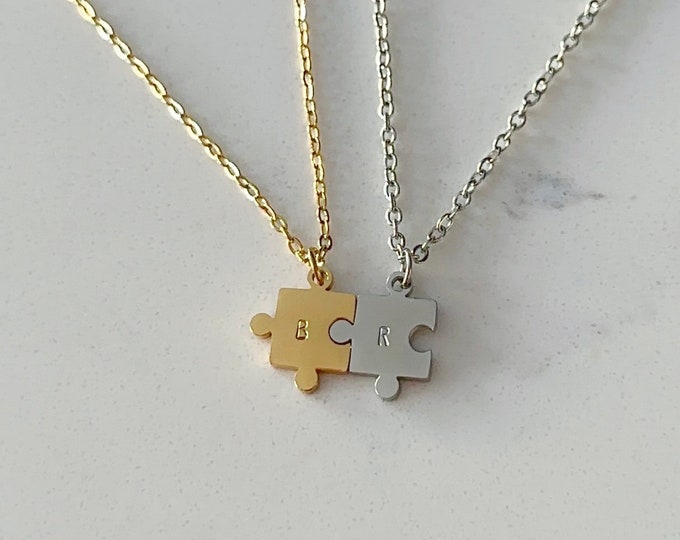 TWO Personalized Puzzle Necklaces Silver Gold Initial Charms | Custom Handstamped | Gifts for Her Him Matching Couples Necklace | Birthday