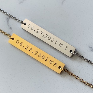 TWO Personalized Bracelets | Handstamped Custom Name Date Bar | Matching Couples Bracelet Set | Gifts for Her Him Men | Engraved Bracelet