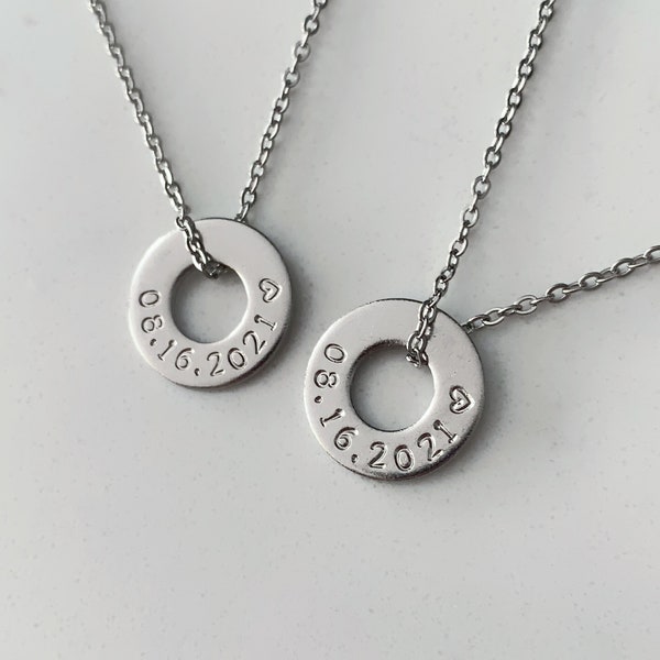 TWO Personalized Hand Stamped Washer Necklaces | Custom Engraved Name Date | Gifts for Her Him | Matching Couples Jewelry | Men | Boyfriend