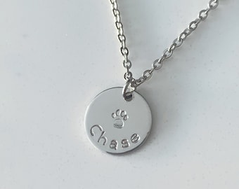 Personalized Paw Charm Necklace | Custom Handstamped Pet Name | Engraved Gifts for Her | Cat Dog Mom Pet Paw Memorial Necklace | Animal Paw