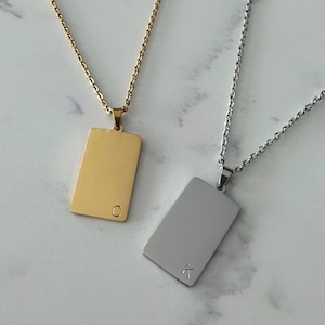 TWO Personalized Bar Necklaces Silver Gold Initial Charm Pendant | Custom Handstamped | Gifts for Her Him Matching Couples Necklace Dog Tag
