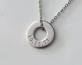 Personalized Washer Necklace | Custom Handstamped Date Name | Gifts for Him Her | Anniversary | Mens Necklace Boyfriend Father Birthday Love