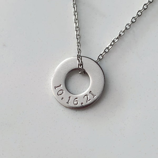 Personalized Washer Necklace | Custom Handstamped Date Name | Gifts for Him Her | Anniversary | Mens Necklace Boyfriend Father Birthday Love