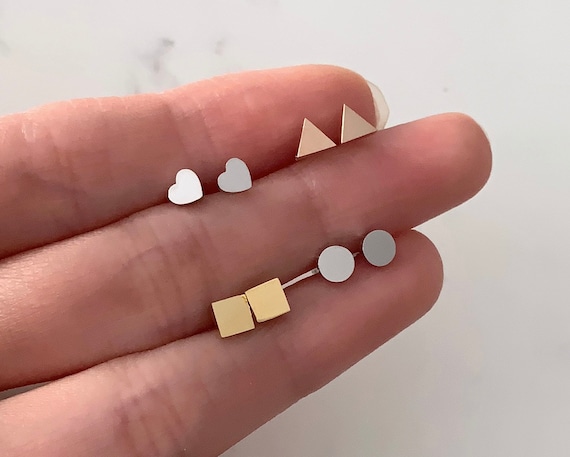 Stainless Steel Stud Earrings | Round Square Triangle Heart Flat Stud | Gifts for Her Circle Heart | Silver Rose Gold Dainty Simple Earrings