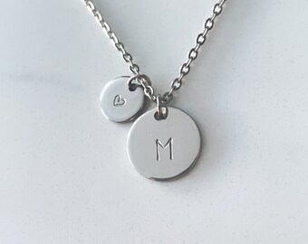 Personalized Initial and Heart Charm Necklace | Custom Handstamped Letter Heart Love | Gifts for Her Him Friendship Birthday Silver Gold