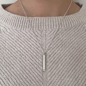 Personalized Thin Initial Bar Necklace | Customized Hand Stamped Letter Pendant | Men&#39;s Necklace | Gifts for Her Him Birthday Vertical Bar